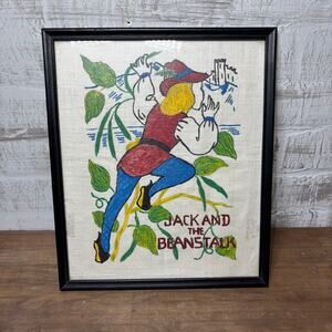 Vintage Hand-Embroidered Textile Art “Jack And The Beanstalk” Folk Style